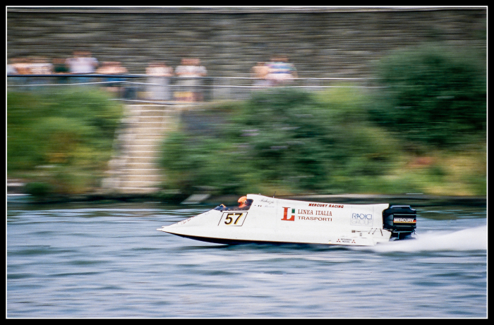 Power Boat Racing
scanned slide film - home E6 processing. Power boat racing Bristol Docks circa 1992 - the docks are narrow and these boats used to belt along up close to the spectator area.
Keywords: Bristol Docks Power Boat Racing